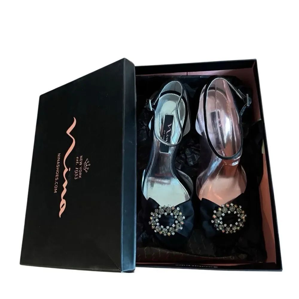 Nina Women's Satin Rhinestone Heels (Ferrara) in Black Luster Size 8